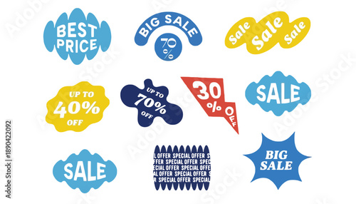 A collection of colorful sale stickers and labels on a white background