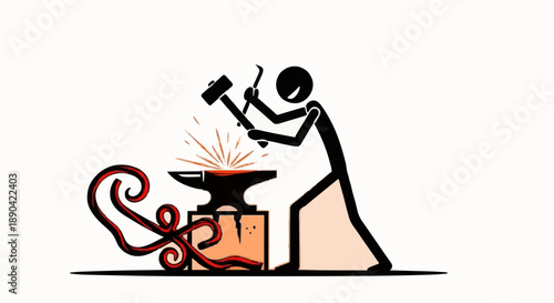 Blacksmith working at anvil with hammer and sparks.