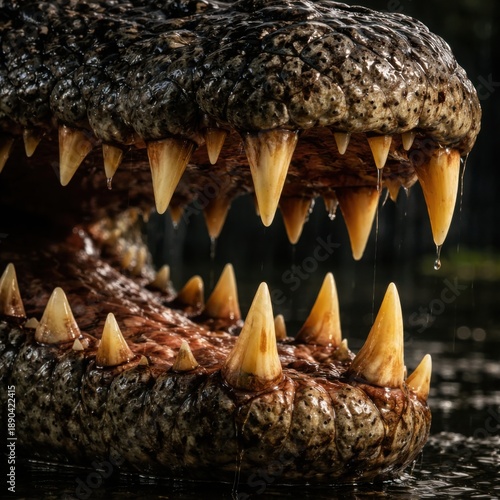Close-up of Crocodile's Open Mouth Full of Sharp Teeth in Dark Water