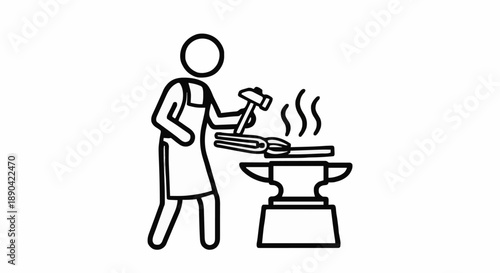 Blacksmith working at anvil with hammer and tongs.