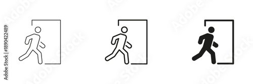 Person Exiting Doorway Line And Solid Icon Set. Emergency Exit, Evacuation, And Safety Signage Outline And Silhouette Symbol Collection. Directional Guidance. Isolated Vector Illustration