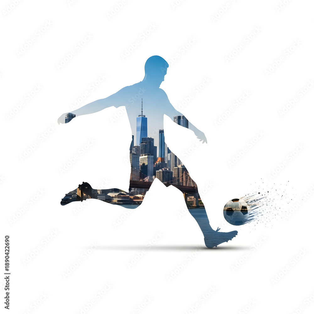 Fototapeta premium Double exposure soccer athlete city skyline creative composite on white background