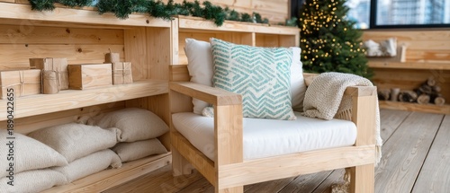 White armchair stands near a Christmas tree with lights and decorations in a warm living room during the holiday season