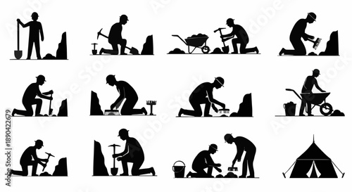 Archaeological Dig Site Silhouettes Showing Excavation Process.