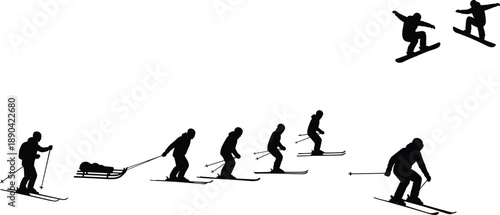 Winter sports silhouette sequence showing skiing progression and snowboarding jumps, alpine action illustration, outdoor adventure and extreme sport concept on white background