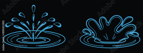 Neon blue water splash icon set vector illustration. Glowing liquid ripple and splash crown symbols on dark background. Modern aqua line splash design for tech, logo, and digital branding.