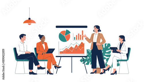 A group of business professionals engaged in a meeting with a presentation