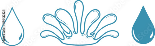 Water droplet and splash icon set vector illustration. Clean blue liquid symbols with drop, crown splash, and fluid shapes on white background. Minimal aqua water icons for logo, app, and design.