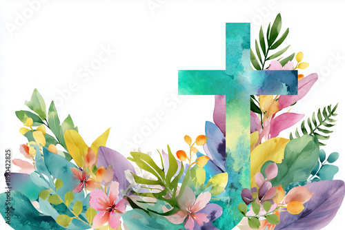 Christian Cross Clipart with Watercolor Easter Theme, Decorative Border and Banner on White Background