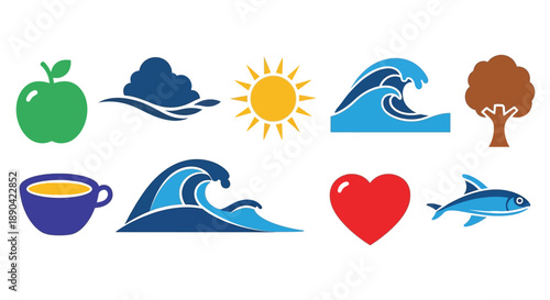 Collection of simple, colorful icons representing nature and everyday objects