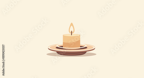 Simple beige candle on a saucer with a flame burning softly.