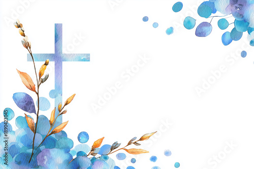 Christian Cross Clipart with Watercolor Easter Theme, Decorative Border and Banner on White Background