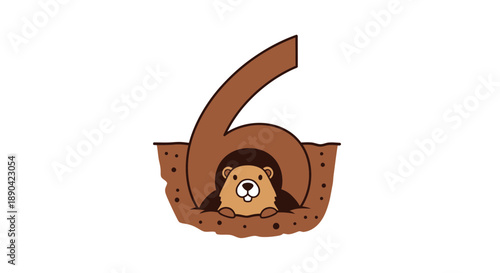Cartoon hedgehog in a hole with number six.
