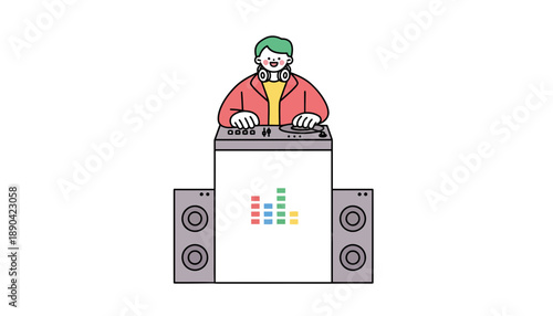 A cartoon DJ wearing headphones and operating a sound system with speakers