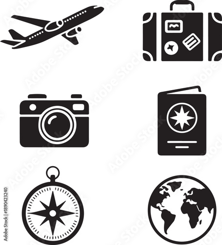 Travel Icons Set – Airplane, Suitcase, Cruise Ship, Camera, Compass, and Globe