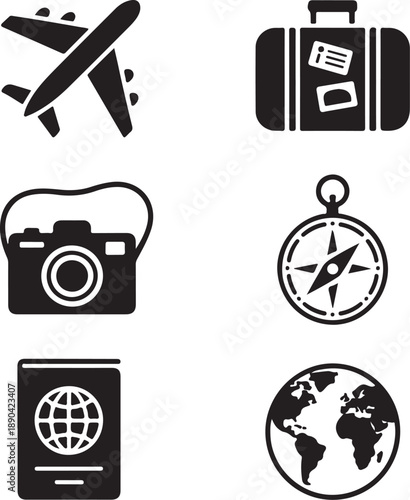 Travel Icons Set – Airplane, Suitcase, Cruise Ship, Camera, Compass, and Globe