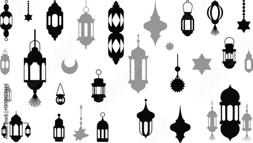Arabic lantern and Islamic ornament silhouettes, Ramadan decorative hanging lamps collection with crescent moon and geometric stars isolated on white