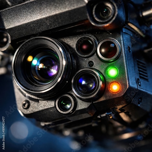 Advanced surveillance camera system with multiple lenses and glowing indicator lights, suggesting monitoring, security, and technological observation.