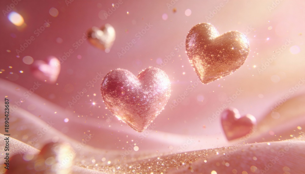 Fototapeta premium Floating Glitter Hearts in Soft Pink and Rose Gold Valentine Background with Sparkles and Bokeh Light , pink heart background