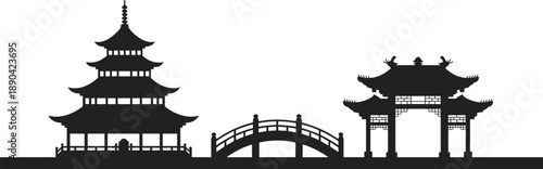 Asian pagoda temple and traditional gate silhouette skyline with arched bridge, classic Chinese and Japanese architecture isolated on white background