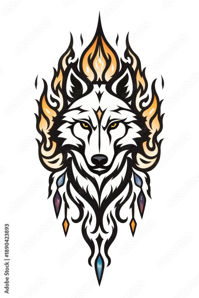 Fototapeta premium A striking tribal-style illustration of a wolf face surrounded by fiery flames, featuring intricate black and orange patterns and glowing eyes.