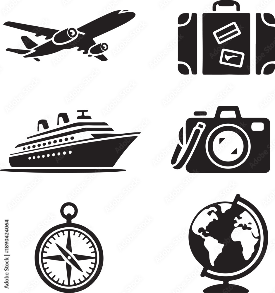 Obraz premium Travel Icons Set – Airplane, Suitcase, Cruise Ship, Camera, Compass, and Globe