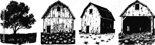 Rustic farmhouse barn silhouettes and a large leafy tree on a plain background, rural countryside scene