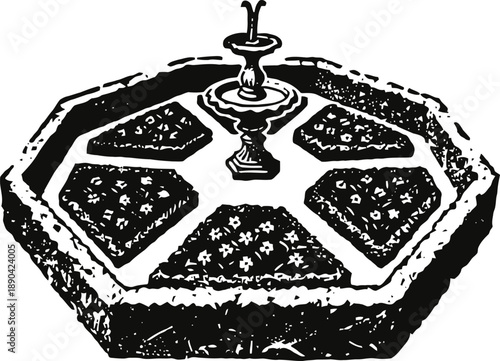 Octagonal garden fountain with flower beds and central water feature in vintage