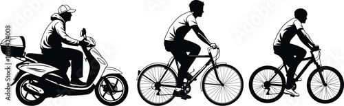 Set of courier silhouettes riding a scooter and bicycles for delivery service, urban transportation collection, cad drawing flat vector illustration, isolated black