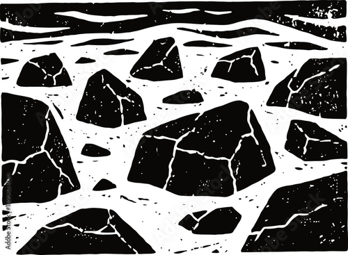 Black and white rocks illustration abstract landscape with scattered stone shapes and textured surface