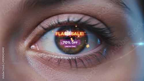 Flash sale discount promotion reflected close up eye showing retail business augmented reality technology enhancing marketing with futuristic AR