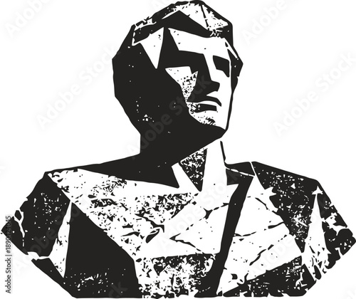 Abstract geometric sculpture bust with sharp angles and textured black and white design