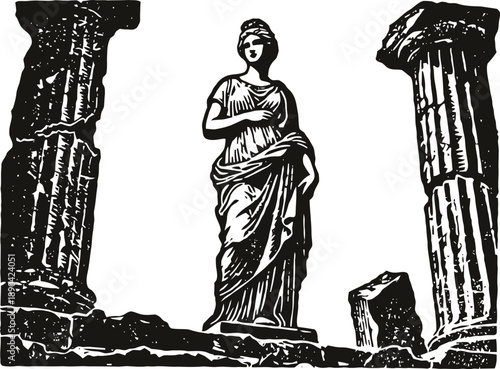 Classical greek statue between ancient broken columns historical ruins, antique sculpture and architecture