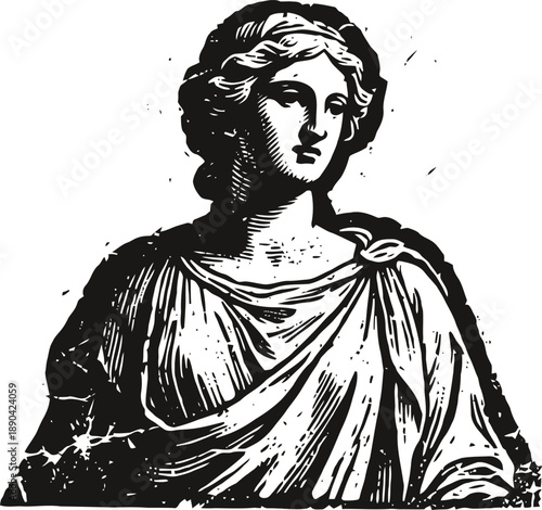 ancient greek woman statue bust classical historical sculpture in traditional draped clothing, vintage engraved illustration