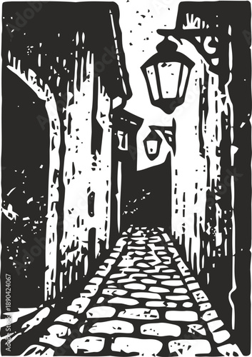 narrow cobblestone alleyway with old street lamps in vintage black and white illustration
