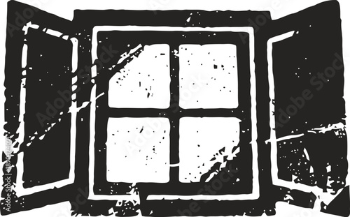 Open window silhouette with shutters in rustic vintage style, exposed to sunlight and shadow contrast