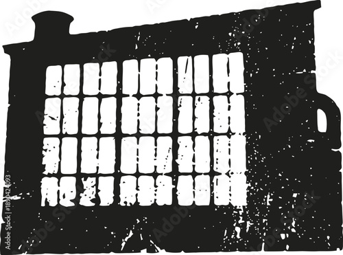 Old grunge window silhouette with barred glass panes and chimney top