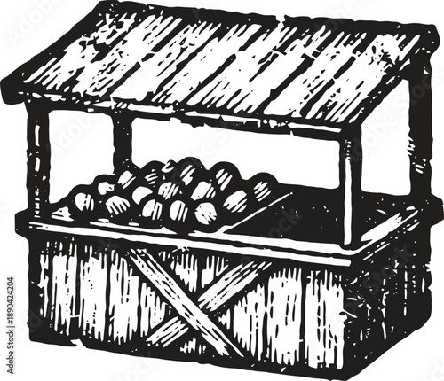 Rustic wooden market stall with roof and fruit display, vintage hand drawn illustration
