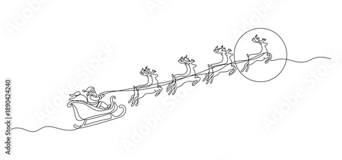 Outline of the profile of Santa Claus in a sleigh pulled by reindeer in one line