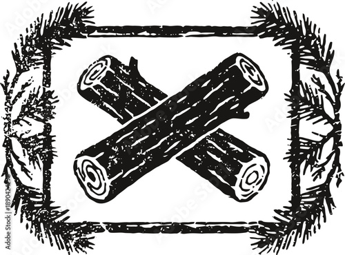black and white sketch of two crossed wooden logs with pine branch frame rustic firewood illustration