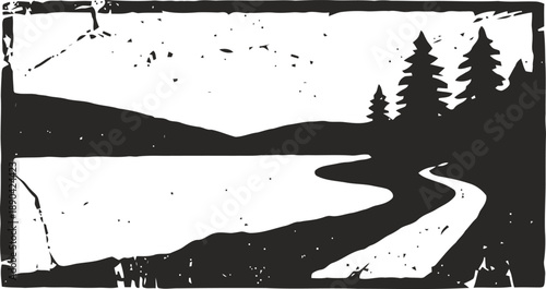 Monochrome landscape silhouette with winding river and pine trees in vintage woodcut