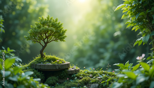 A small tree grows on a mossy stone pedestal in a serene forest glade with lush greenery and soft sunlight filtering through the trees.