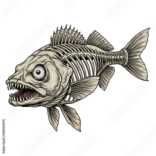 Walleye fish skeleton illustration with sharp teeth and vintage hand drawn style on white background