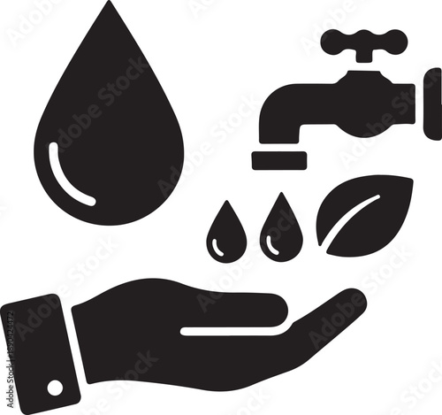 Hand collecting water droplets from a faucet symbolizing environmental conservation and sustainability