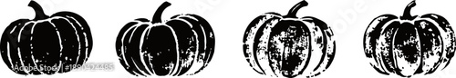 Four black and white pumpkin silhouettes with distressed texture, harvest and autumn theme