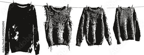 Set of four knitted sweaters and vests hanging on clothesline drying textured woolen handmade warm clothing