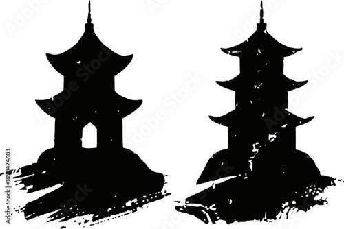 Silhouettes of traditional asian pagodas with brush stroke bases in black on white background