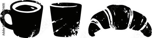 black silhouette set of coffee cup, glass tumbler, and croissant isolated on white background