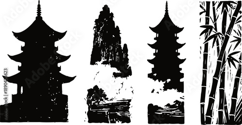 Silhouettes of asian pagodas and bamboo trees in black with white background, traditional oriental