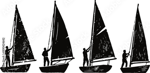 silhouette of person adjusting sail on sailboat, nautical sailing activity in vintage